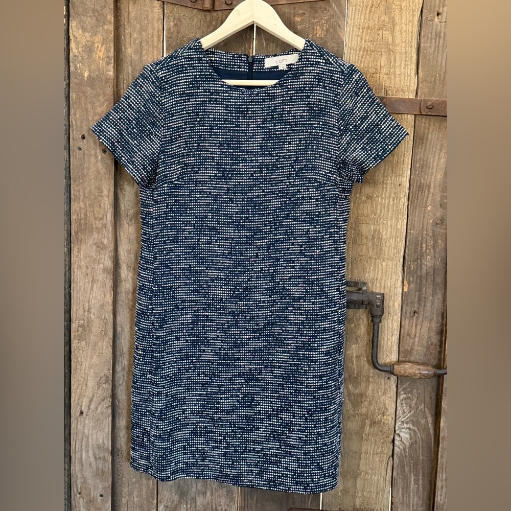 LOFT Oversized colorful Multi Boucle Tweed Short Sleeve Sheath Dress - Size 8